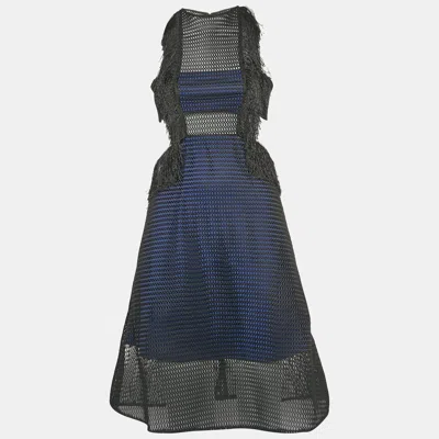 Pre-owned Self-portrait Navy Blue/black Neoprene Flared Fringed Mini Dress S