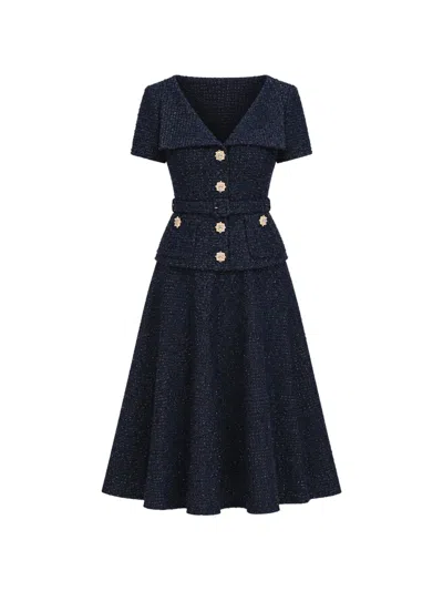 Self-portrait Navy Boucle Tailored Midi Dress In Blue