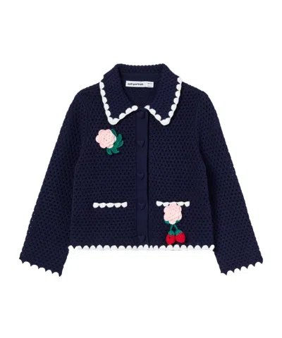Self-portrait Navy Crochet Knitted Cardigan In Blue