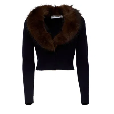Self-portrait Navy Faux Fur Knit Cardigan In Brown