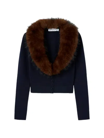 Self-portrait Cropped Cardigan Slim Fit Long Sleeves Faux Fur Collar In Blue