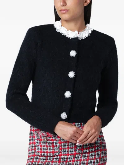 Self-portrait Navy Flower Pearl Trim Knit Jumper In Black