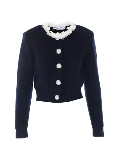 Self-portrait Navy Flower Pearl Trim Knit Jumper In Animal Print