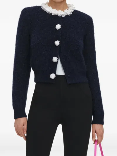 Self-portrait Knit Jacket Pearl Trim Flower Collar In Black