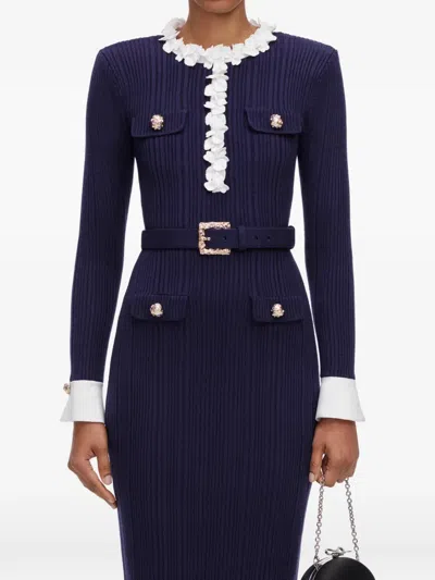 Self-portrait Navy Flower Rib Knit Midi Dress In Blue