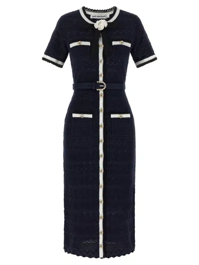 Self-portrait Navy Pointelle Knit Midi Skirts Blue