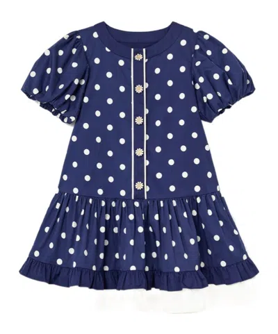 Self-portrait Kids' Navy Polka Dot Cotton Printed Dress In Blue