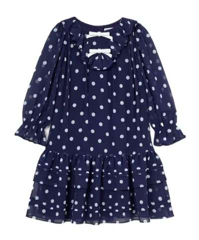 Self-portrait Kids' Navy Polka Dot Georgette Dress In Blue