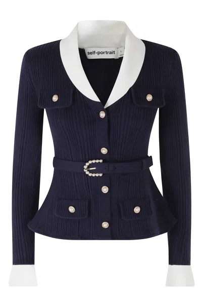 Self-portrait Navy Ribbed Jeweled Button V-neck Cardigan In Black