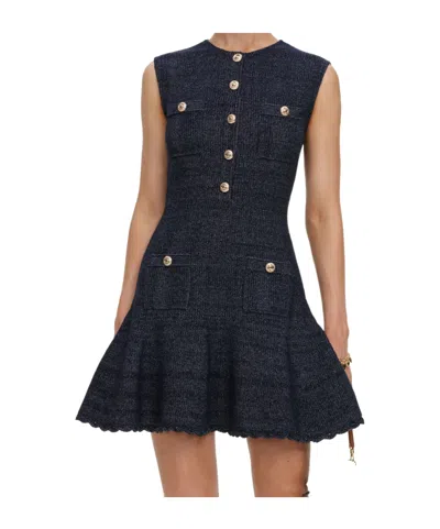 Self-portrait Scalloped Knitted Cotton-blend Mini Dress In Blue