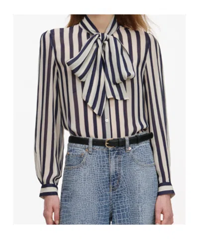 Self-portrait Navy Stripe Tie Neck Blouse In Multi