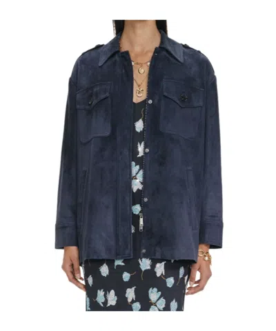 Self-portrait Navy Suede Oversized Jacket In Blue