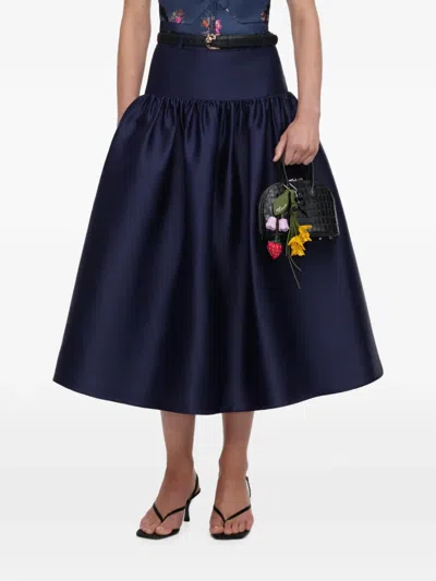 Self-portrait Navy Taffeta Midi Skirt In Blue