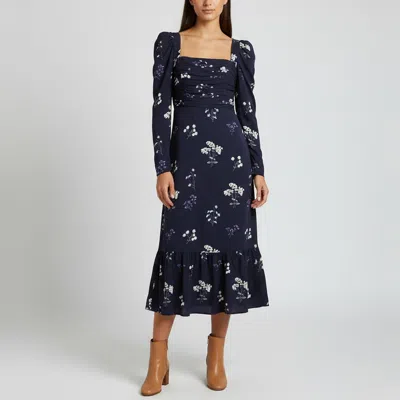 Pre-owned Self-portrait Navy Vintage Floral Print Crepe Fit And Flared Midi Dress M In Navy Blue