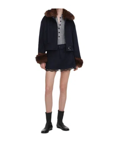 Self-portrait Navy Wool Fur Trim Jacket In Blue