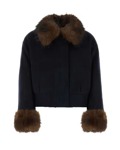 Self-portrait Navy Wool-blend Plush Fur Trim Jacket In Blue