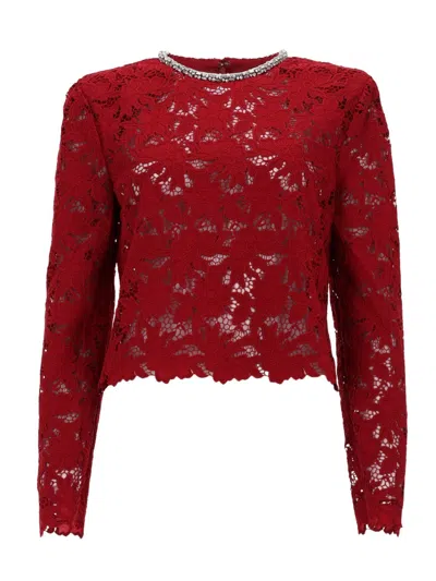 Self-portrait Neutral Semi-sheer Crystal Embellished Blouse In Red
