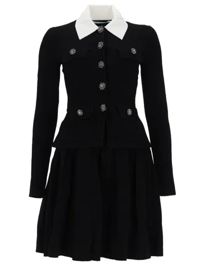 Self-portrait Neutrals Fitted Ribbed Flared Mini Dress In Black