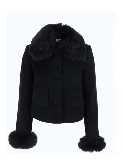 Self-portrait Notched Collar Wool Jacket With Fur Cuffs In Black