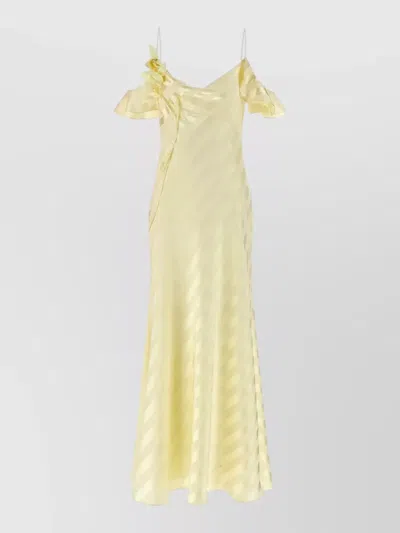 Self-portrait Off Shoulder Satin Dress Spaghetti Straps Ruffles In Yellow