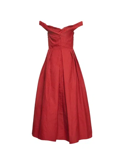 Pre-owned Self-portrait Off-shoulder Jacquard Midi Dress In Red