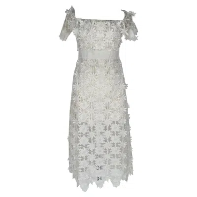 Pre-owned Self-portrait Off-shoulder Lace Midi Dress In White Polyester
