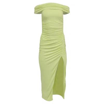 Pre-owned Self-portrait Off-shoulder Ruched Midi Dress In Lime Green Viscose