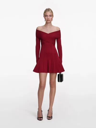 Self-portrait Off-the-shoulder Bardot Viscose Mini Dress With Gathered Details In Burgundy
