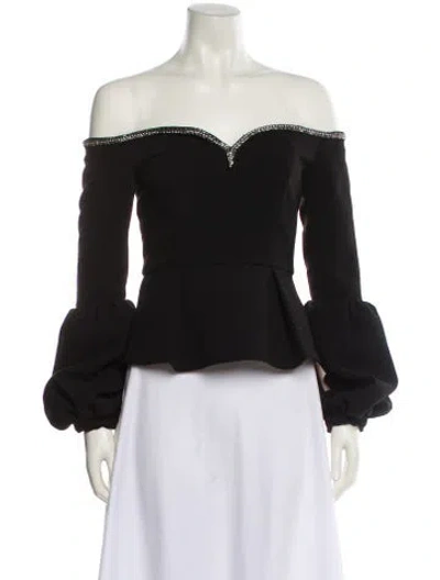 Pre-owned Self-portrait Off-the-shoulder Long Sleeve Crop Top In Black