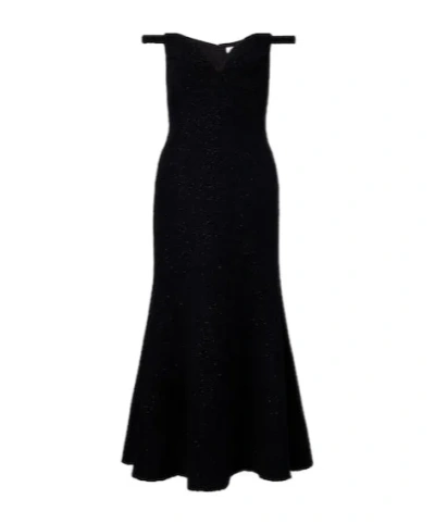 Self-portrait Off-the-shoulder Tweed Midi Dress In Black