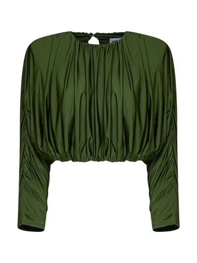 Self-portrait Olive Jersey Gathered Cropped Top In Green