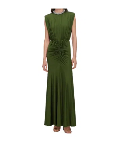 Self-portrait Jersey Maxi Dress Ruched Pleated Neckline In Green