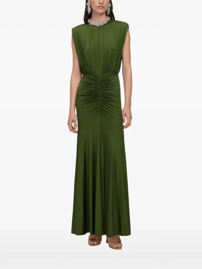 Self-portrait Jersey Maxi Dress Ruched Pleated Neckline In Green
