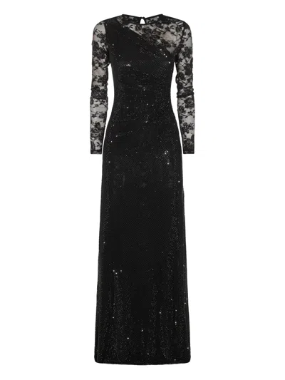 Self-portrait One Shoulder Rhinestone Long Dress Size 6 With Lace Sleeve In Black
