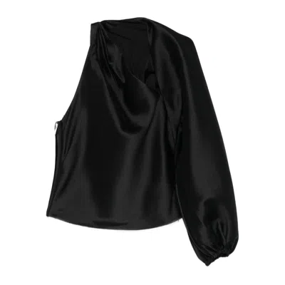 Self-portrait One-shoulder Asymmetric Sleeve Blouse In Black