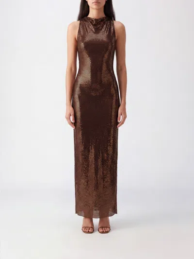 Self-portrait One-shoulder Rhinestone Embellished Long Evening Gown In Brown