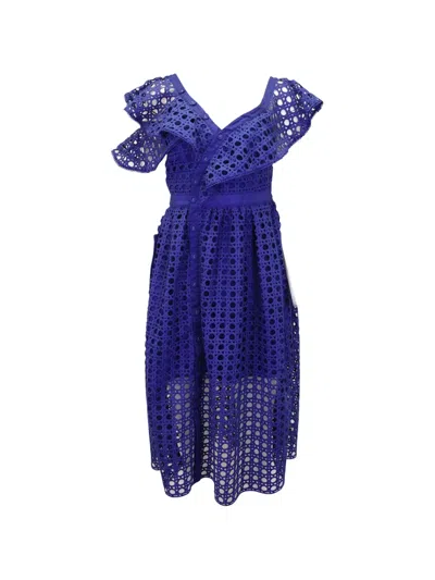 Pre-owned Self-portrait One-shoulder Ruffled Midi Dress In Blue