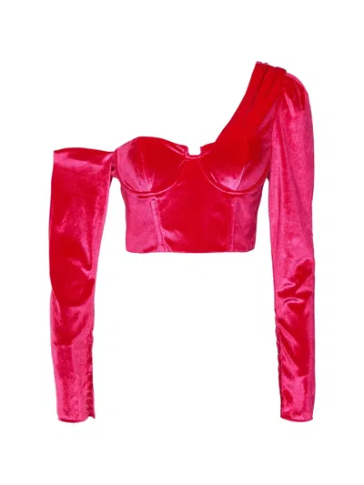 Pre-owned Self-portrait One-shoulder Velvet Crop Top In Pink