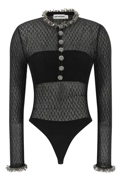 Self-portrait Openwork Knitted Bodysuit In Black