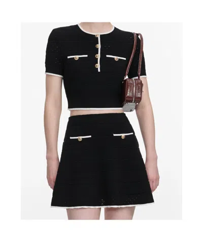 Self-portrait Openwork Knitted Midi Skirt In Black