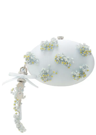 Self-portrait Oval Floral Bead-embellished Satin Clutch In Blue