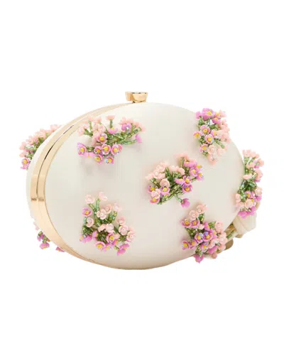 Self-portrait Oval Floral Bead-embellished Satin Clutch In White