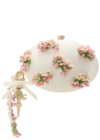 Self-portrait Oval Floral Bead-embellished Satin Clutch In White