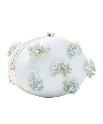 Self-portrait Oval Floral Bead-embellished Satin Clutch In Blue