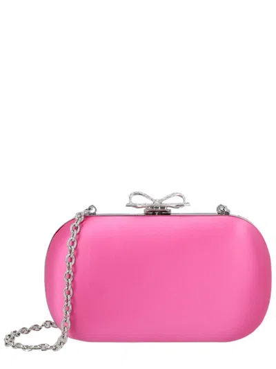 Self-portrait Oval-shaped Satin Finish Clutch With Crystal-embellished Bow Clasp In Pink