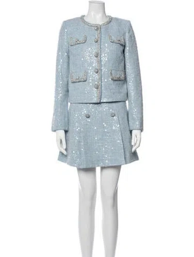 Pre-owned Self-portrait Patterned Beaded Accents Skirt Suit W/ Tags In Blue