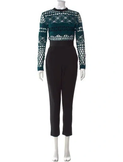 Pre-owned Self-portrait Patterned Crew Neck Jumpsuit In Black/green