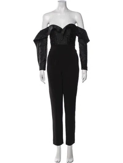 Pre-owned Self-portrait Patterned Off-the-shoulder Jumpsuit In Black