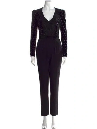Pre-owned Self-portrait Patterned V-neck Jumpsuit In Black