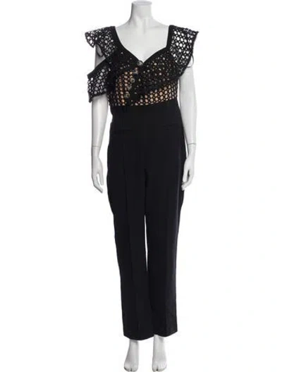 Pre-owned Self-portrait Patterned V-neck Jumpsuit W/ Tags In Black